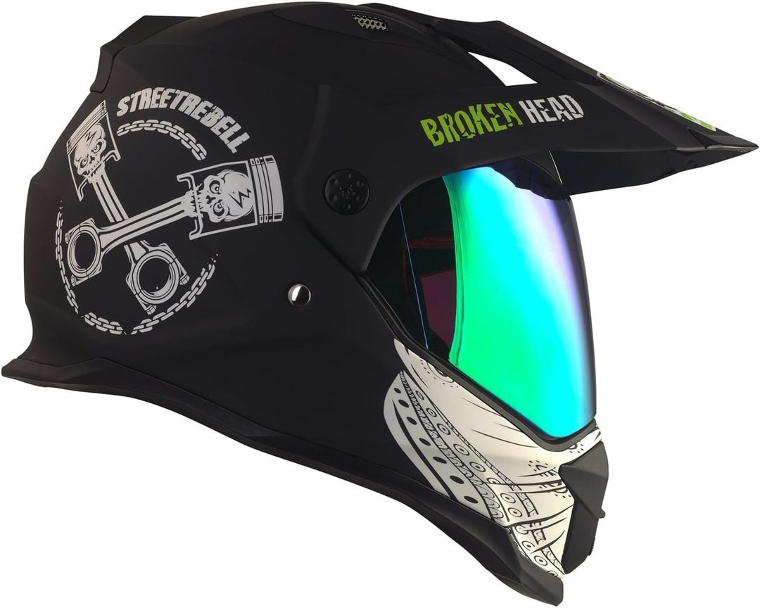 Broken Head Street Rebel grün Motocross-Helm Set mit grün verspiegeltem Visier | Enduro-Helm - MX Cr