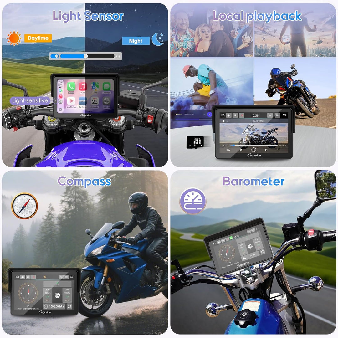 Carpuride W502TPRO Motorrad CarPlay, Android Auto, TPMS und Dual-Bluetooth – 5-Zoll-Display, wasserd