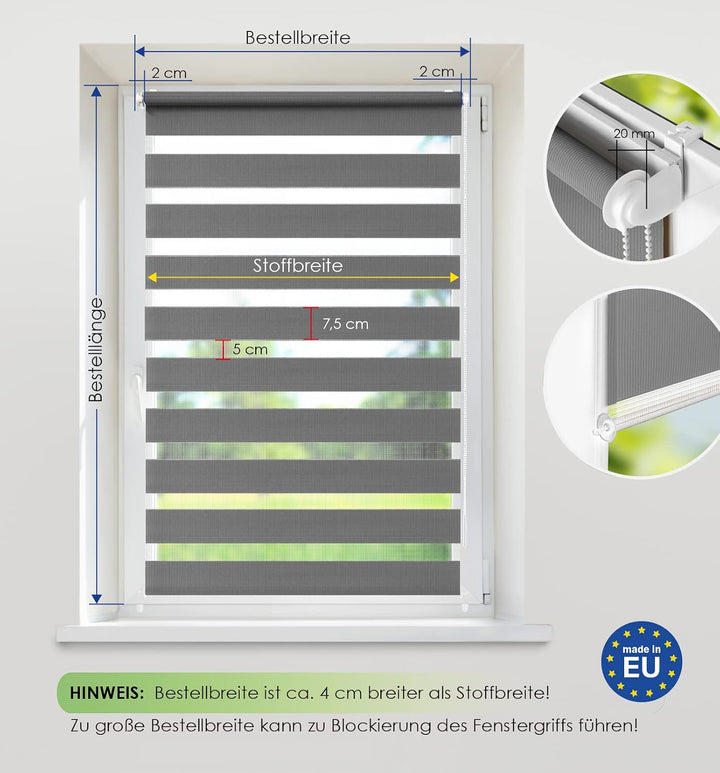 Rikmani Doppelrollo Fensterrollo ARD Duo-Rollo Klemmfixierung Zebrarollo Seitenzugrollo ohne Bohren,