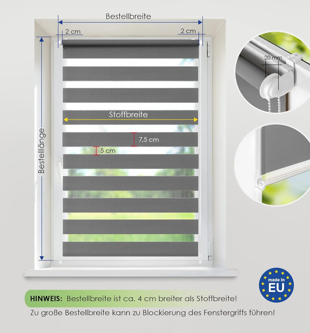 Rikmani Doppelrollo Fensterrollo ARD Duo-Rollo Klemmfixierung Zebrarollo Seitenzugrollo ohne Bohren,
