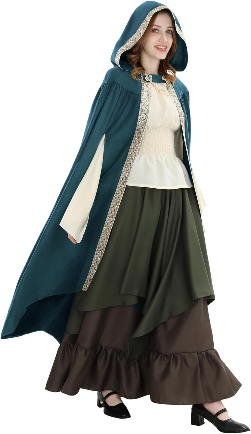 Fiamll Mittelalter Umhang Damen Kapuze Mantel mit Manschette Einfarbige Trenchcoat Renaissance Vampi