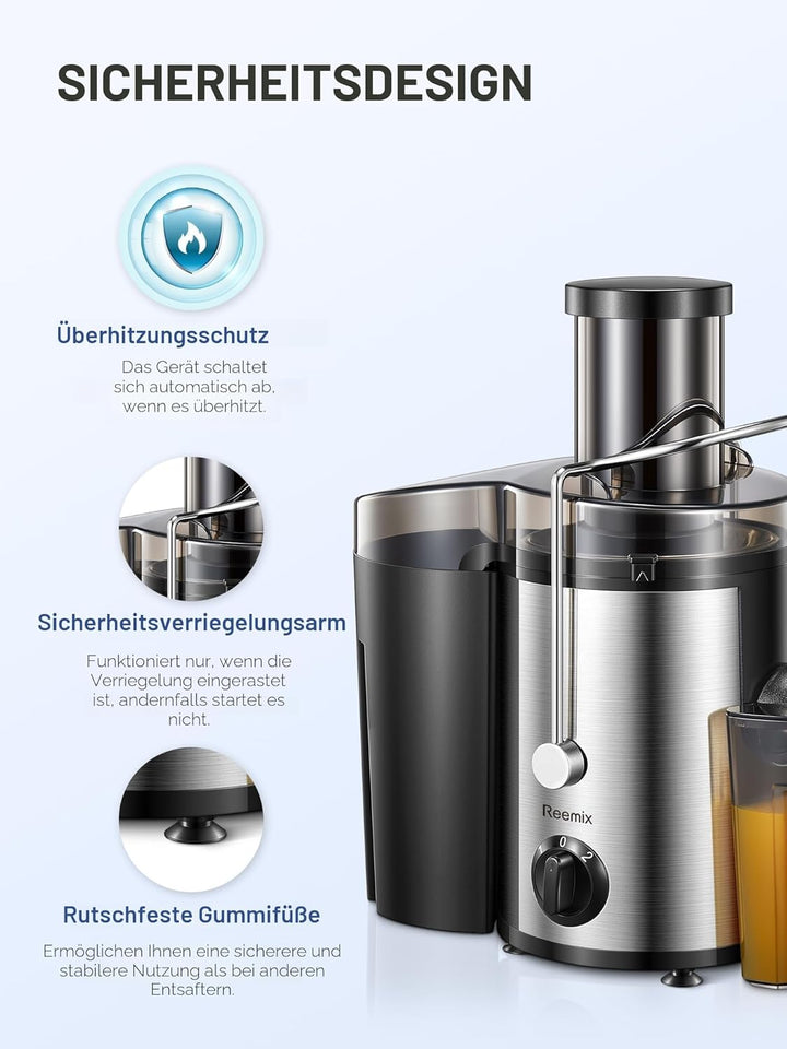 Reemix Entsafter für Obst und Gemüse aus Edelstahl, 800W Zentrifugal Entsafter 2 Geschwindigkeiten u