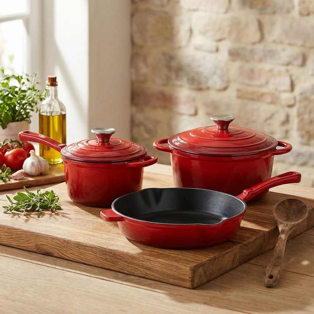Profi Gusseisen Topfset 3-teilig, Set aus Pfanne, Kochtopf und Stielkasserolle, Emailliertes Kochges