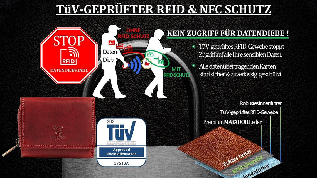 MATADOR® CHIQUITO Echt Leder Klein Geldbörse Damen Mini Geldbeutel Herren TüV geprüfter RFID & NFC S