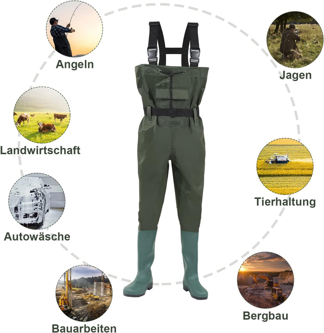 Gimisgu Wathose 70 Denier Nylon, PVC Angelhose, wasserdichte Fischteichhose mit Gummistiefeln, Bund,