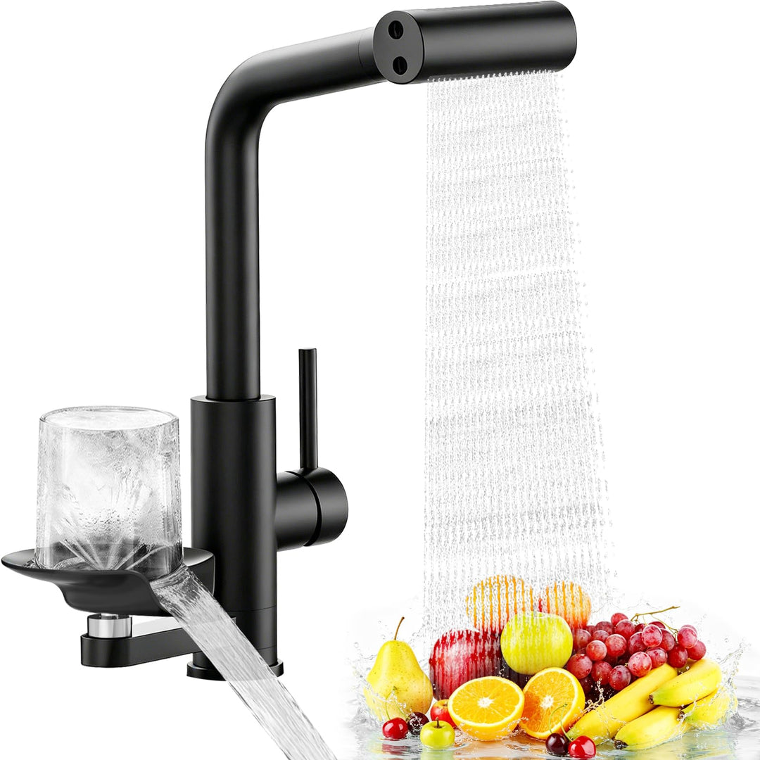 MIAOHUI Wasserhahn Küche mit Glasspüler, Schwarz | 4 Funktionen Armatur Küche Ausziehbar, Einhebel k