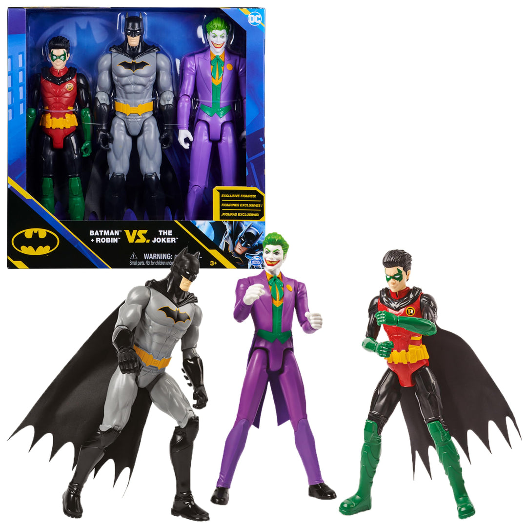 Spin Master Batman 30cm Figuren-Set aus Batman (Rebirth), Robin und Joker, inkl. Stoffumhang, origin