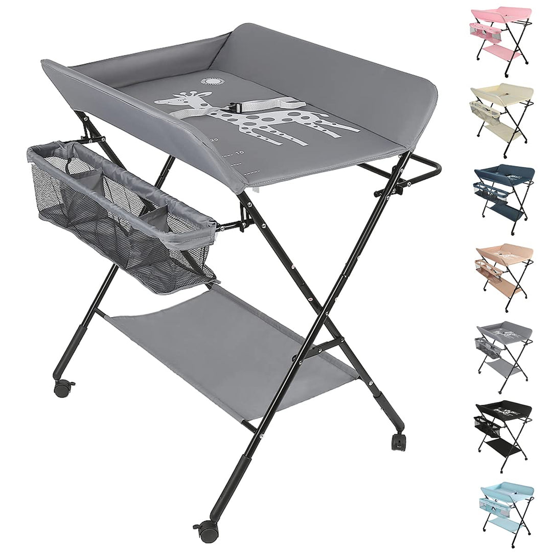 OHMG Baby Wickelkombi Klappbare Wickelkommode,Wickeltisch mit Rollen,Mobiler Wickeltisch mit Wickela