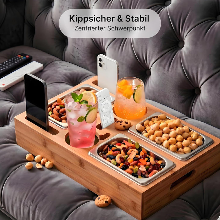 Couchbar Snackbox – Originelle Geschenkidee für Männer & Frauen – Sofa Tablett mit 3 Edelstahl Snack