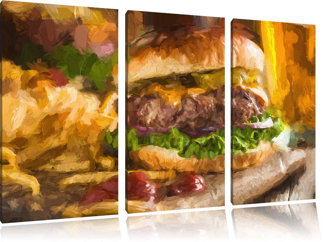 Pixxprint Saftiger Chili Cheese Burger Pinsel Effekt 3-Teiler Leinwandbild 120x80 Bild auf Leinwand