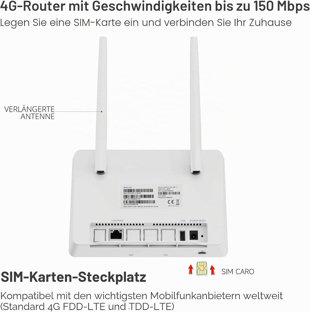 Calonny Router 4G LTE WiFi mit SIM Cat4 300mbit/s Wireless Modem, LAN/WAN -Port, ohne Konfiguration,