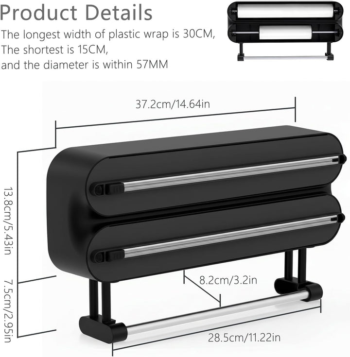 3 in 1 Frischhaltefolienspender mit Cutter, Küchenrollenhalterung mit Küchenrollenhalter, Alufoliens
