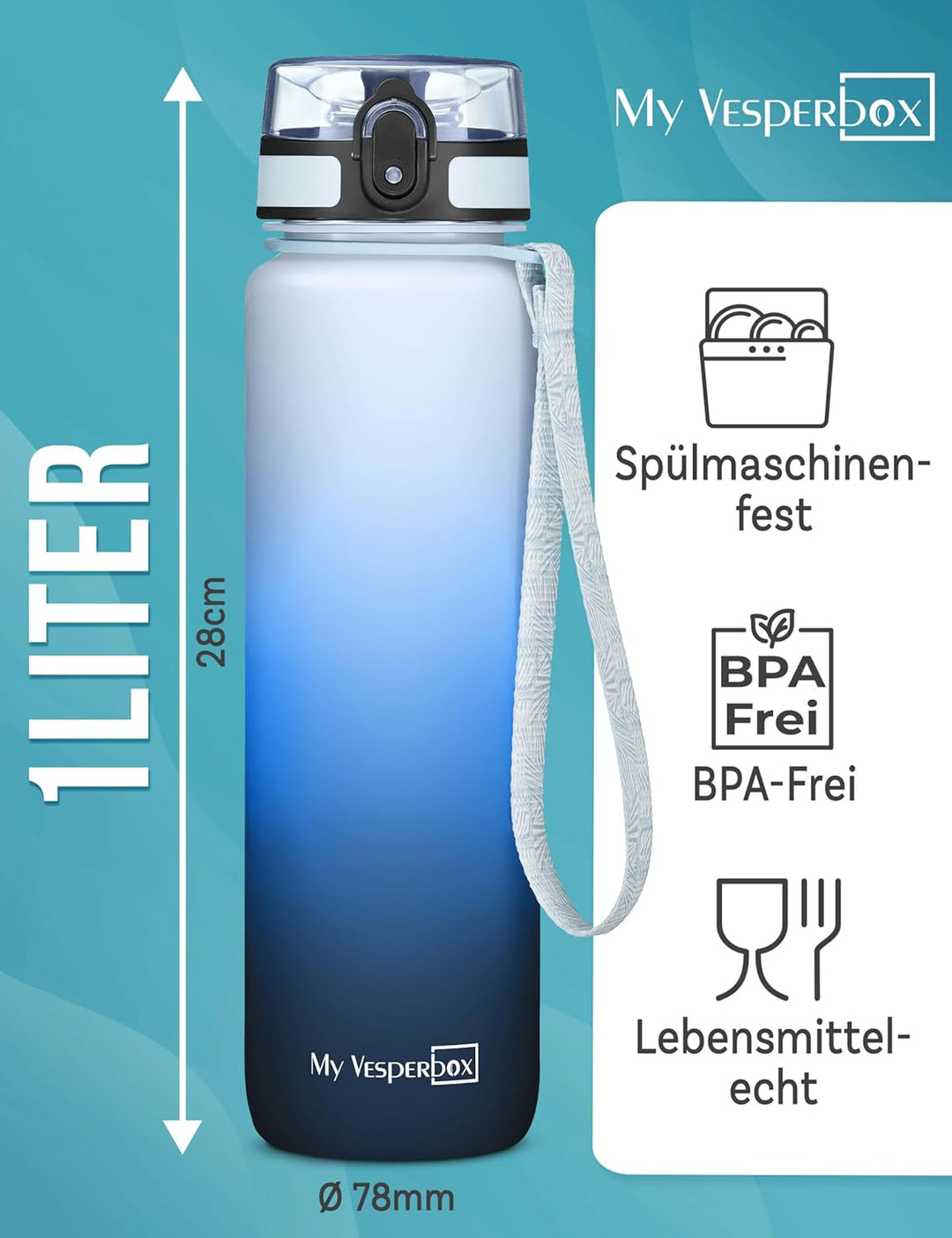 My Vesperbox® Trinkflasche Kinder [1000ML] - Wasserflasche Kohlensäure Geeignet & Auslaufsicher - Wa