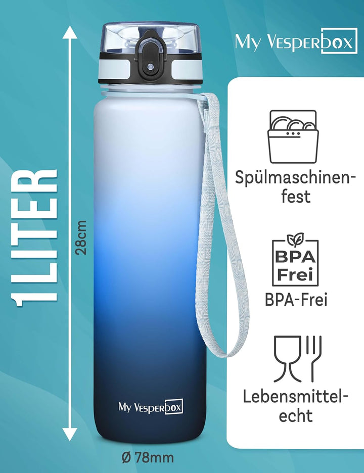 My Vesperbox® Trinkflasche Kinder [1000ML] - Wasserflasche Kohlensäure Geeignet & Auslaufsicher - Wa