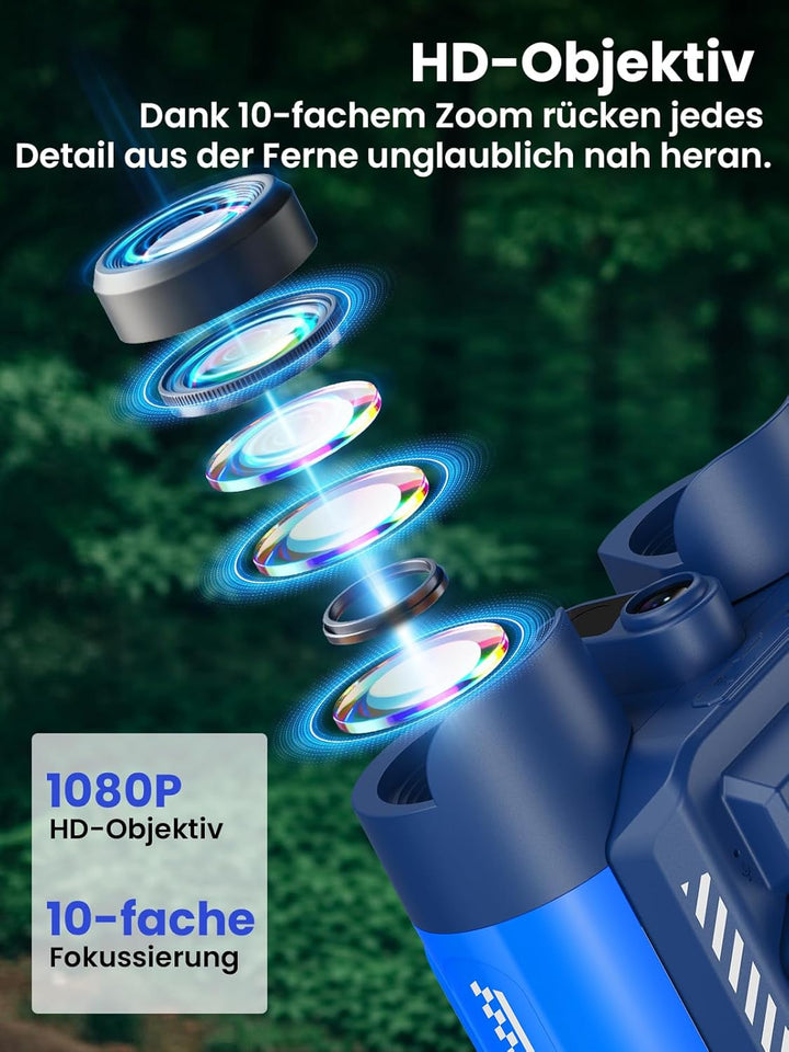 Acoath Fernglas für Kinder, 10-facher Optischer Zoom mit Nachtsich, Kamera mit Foto- & Videofunktion
