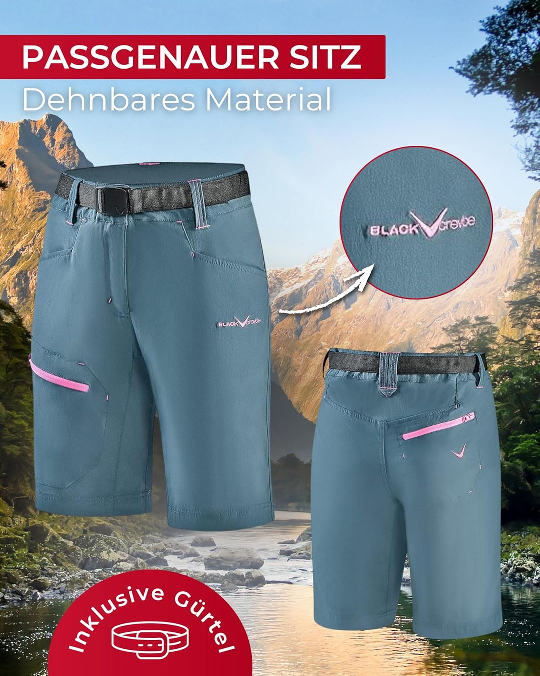 Black Crevice Trekking-Shorts Damen I Wandershorts Damen kurz I Damen Outdoor-Shorts I wasserabweise