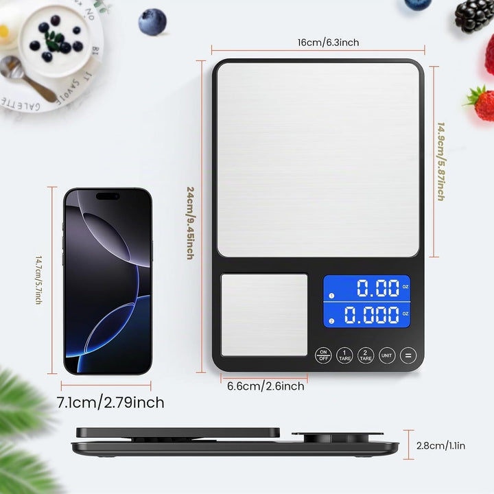 Küchenwaage Digital 15 kg / 0,01 g, Hochpräzise Zweibereichs Waage Küche mit Addierfunktion, Tara-Fu