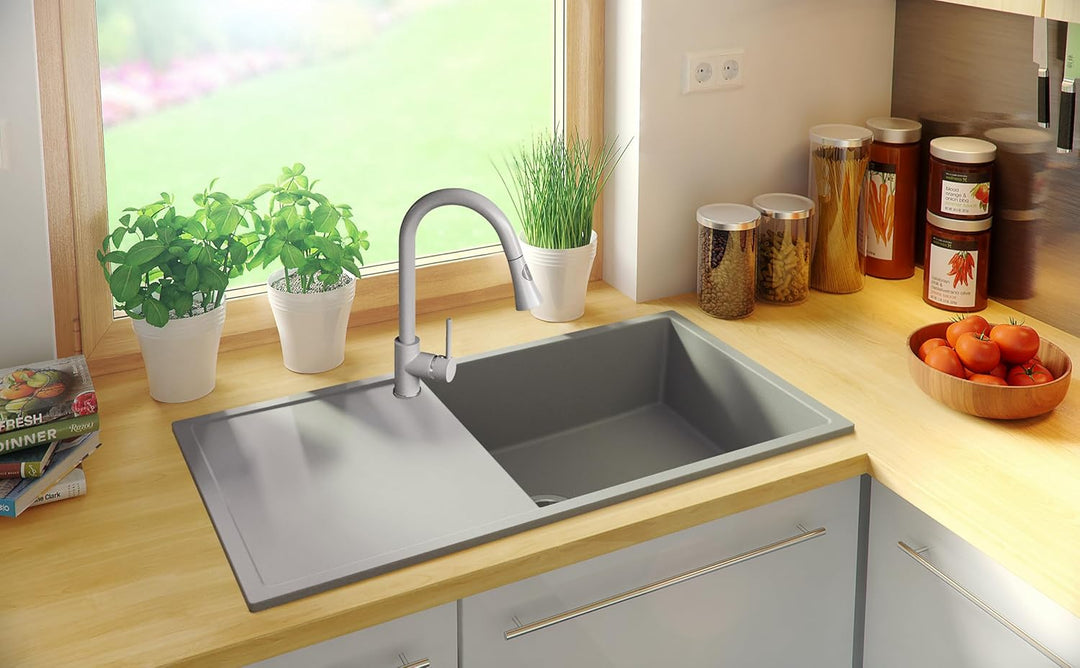 Spülbecken Grau 90x50 cm, Granitspüle 1 Becken XL + Ablauf-Set, Küchenspüle für 60er Unterschrank, E