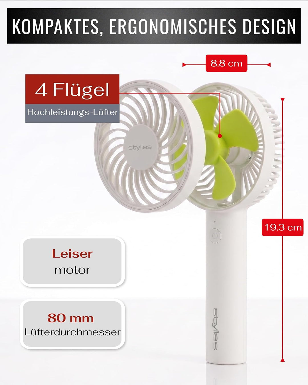 Premium Handventilator Akku aufladbar, Mini Ventilator für die Hand, Akku Ventilator mit 3 Stufen, 2