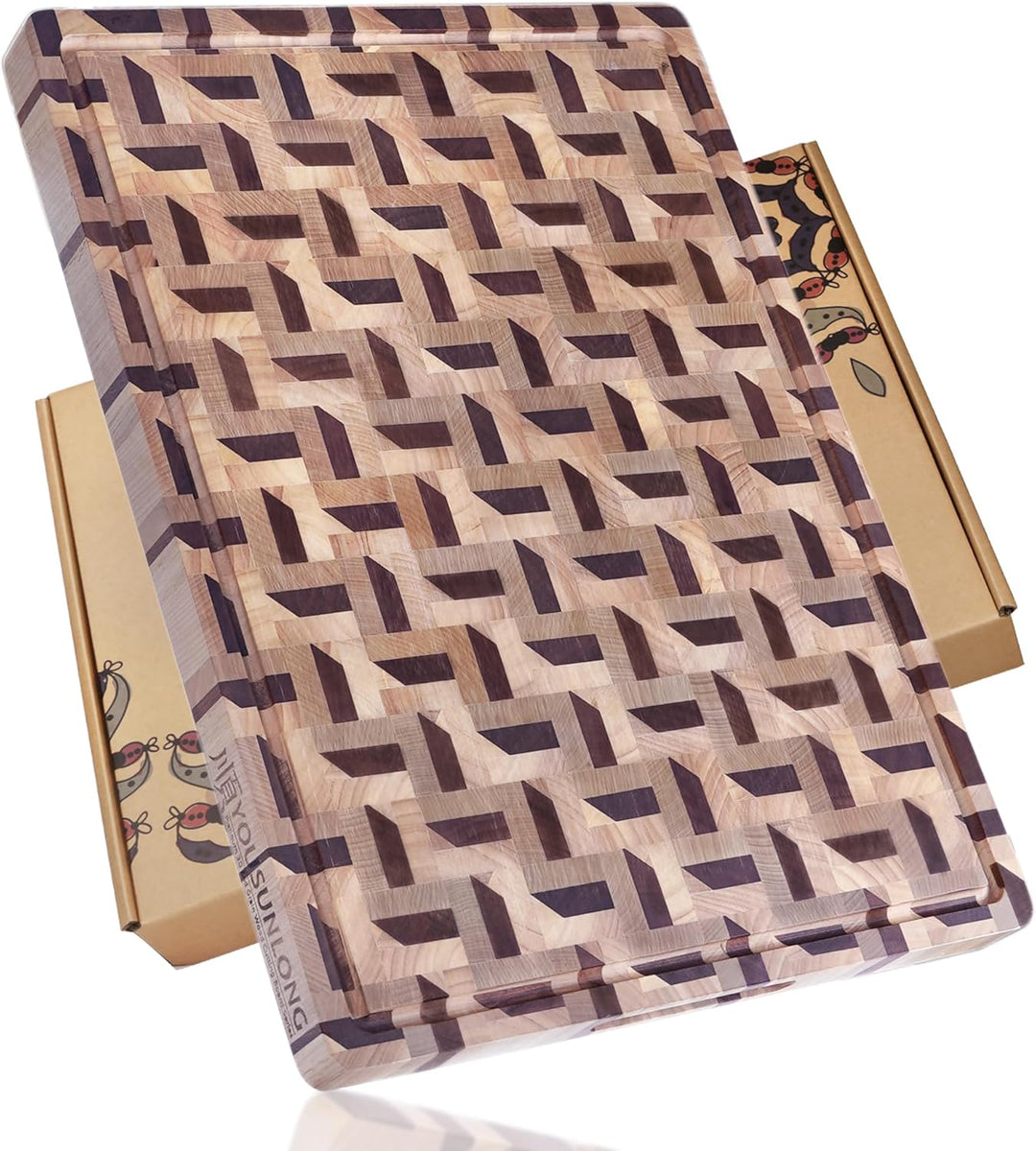 YOUSUNLONG Stirnholz-Schneidebrett - 3D-Zickzackmuster Walnuss & Ahorn-Butcher Block XXL-Bruststückb