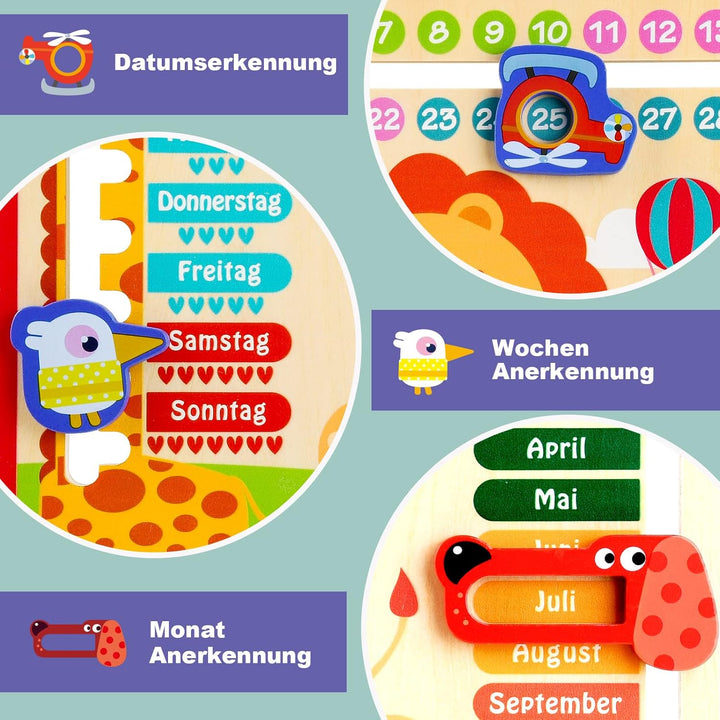 Atoylink Lernuhr Kinder Holz Lerntafel Uhr Jahreszeiten Kalenderuhr Deutsche Sprache Holzspielzeug L