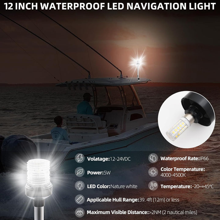 Geloo 12 Zoll verstellbare LED-Navigationslampe weiss herunterklappbares Heck Marine-Ankerlicht, 360