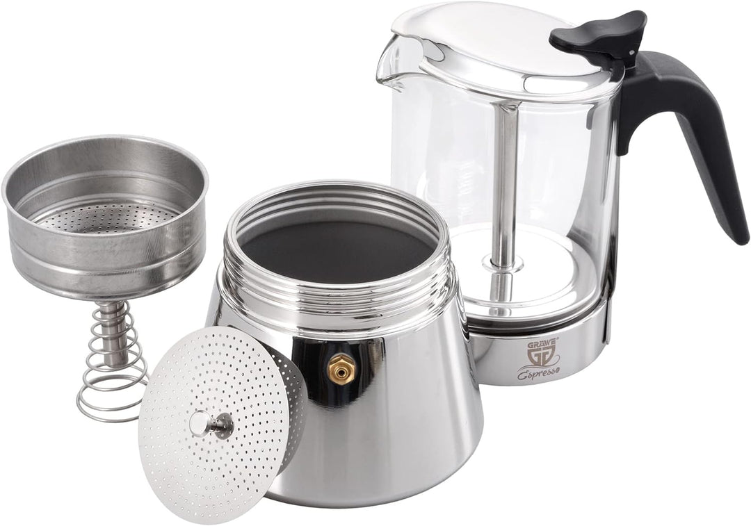 GRÄWE Espressokocher aus Edelstahl mit Glaskanne, für Induktion und alle Herdarten geeignet, spülmas