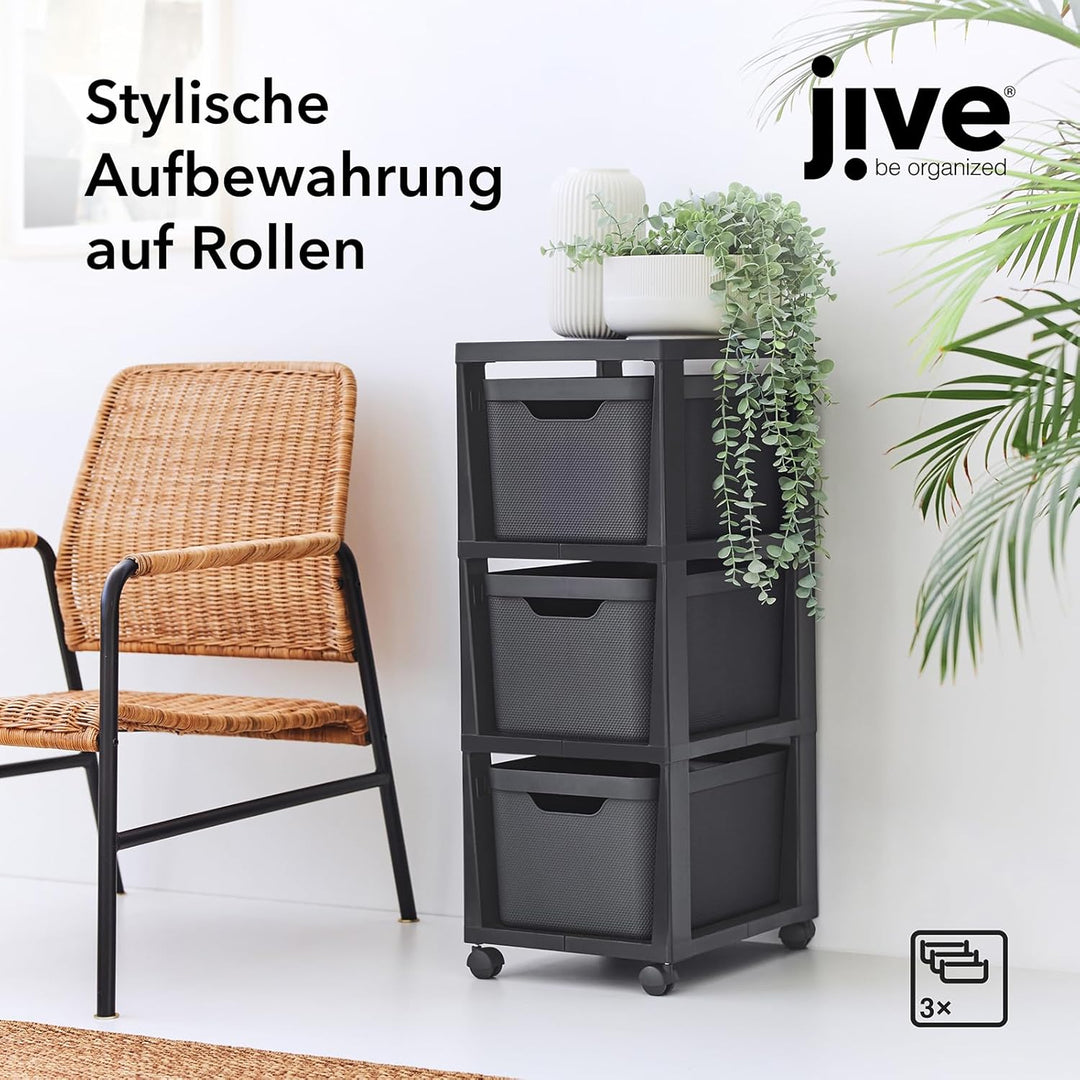 Jive Rotho Tower black Rollcontainer mit 3 Schubladen, Kunststoff (PP) BPA-frei, schwarz, 3 x 16l (3