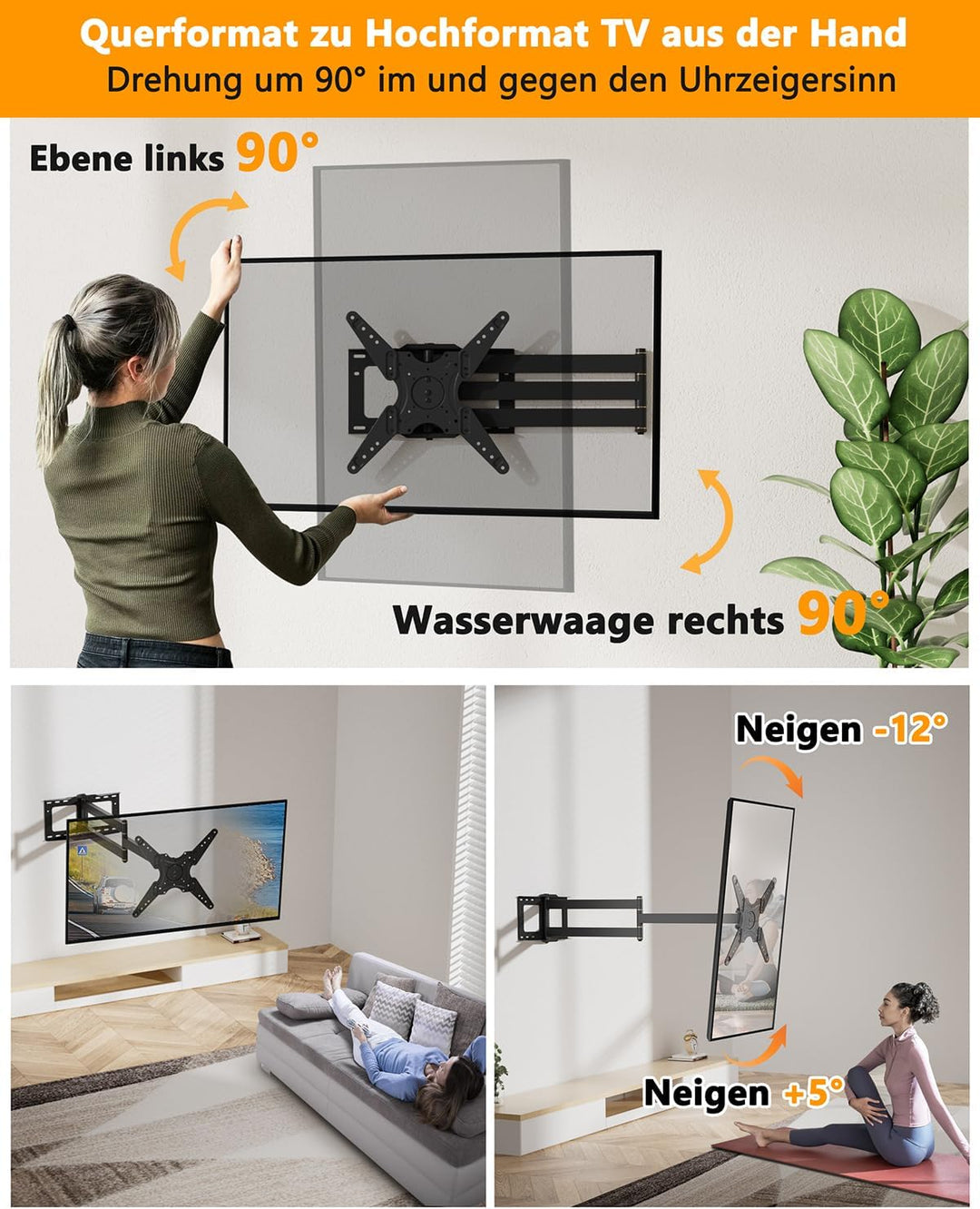 TV Wandhalterung mit 1219mm Langer Reichweite, 90° Drehbare Wandhalterung Fernseher Schwenkbar Neigb