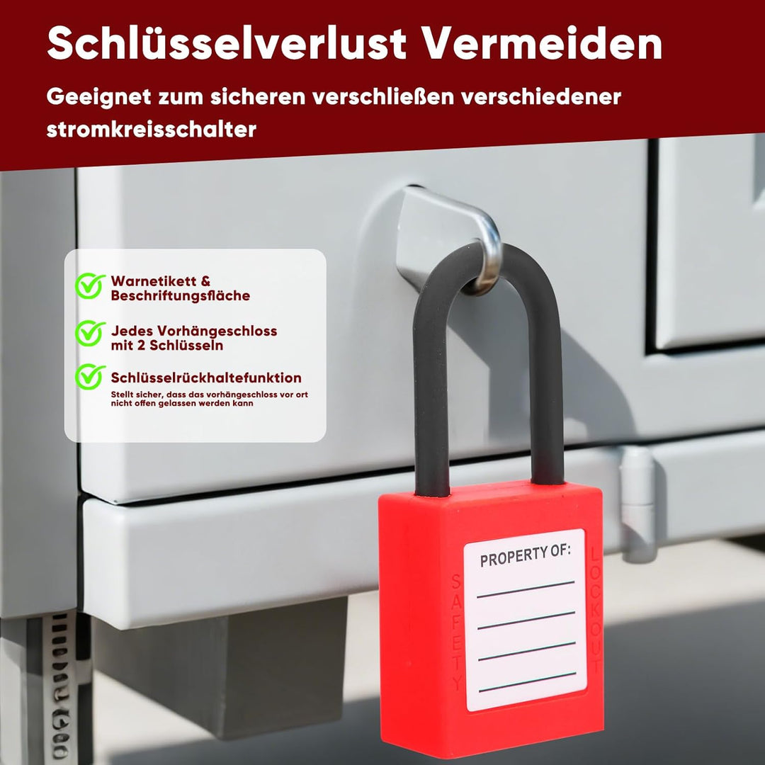 10 Stück Vorhängeschloss Gleichschliessend Lockout Tagout Schlösser 38 Mm, Rotes Nylon Loto Sicherhe