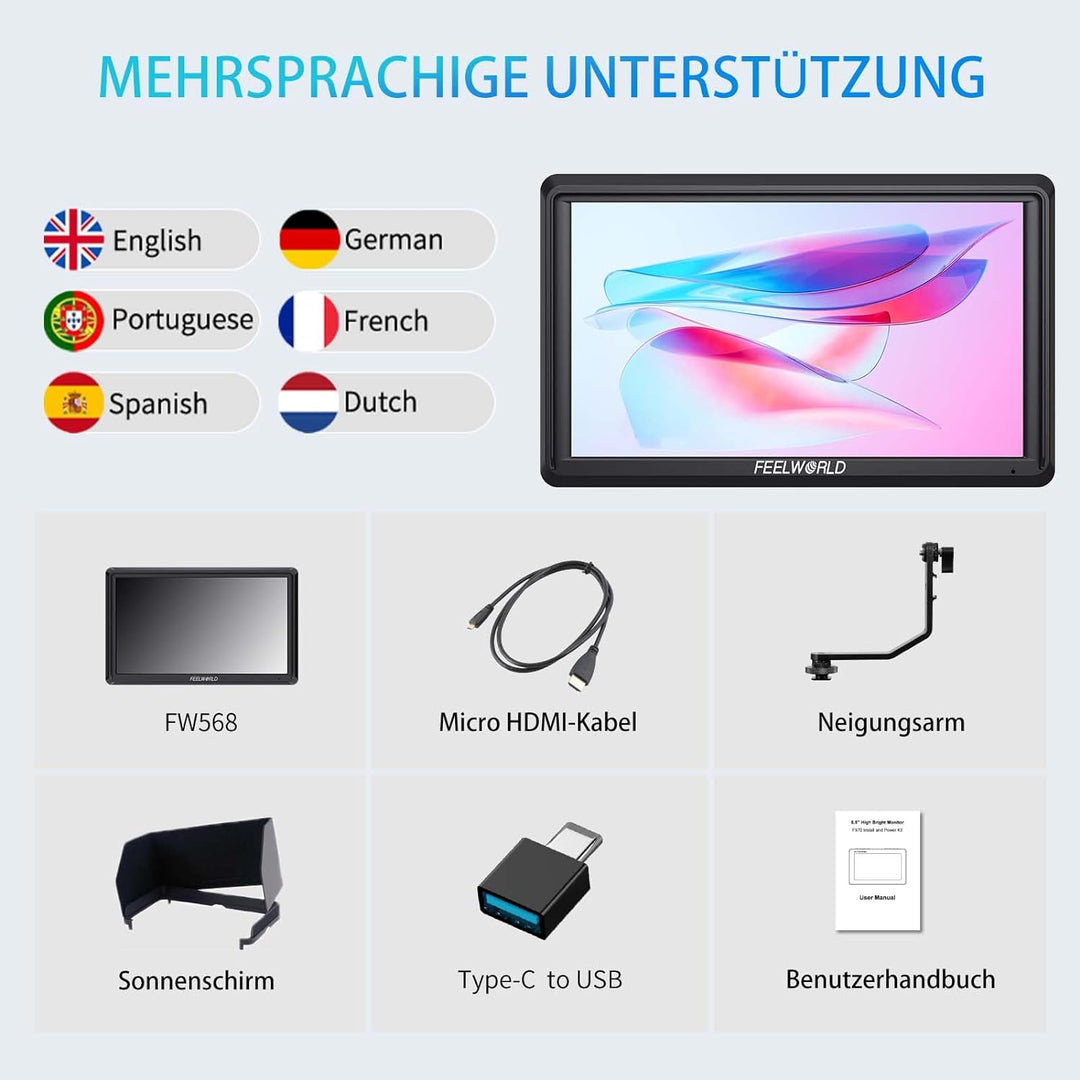 FEELWORLD FW568V3 DSLR Field Monitor 6 Zoll 3D LUT Waveform Vector Scope 1920x1152 4K HDMI Bildschir