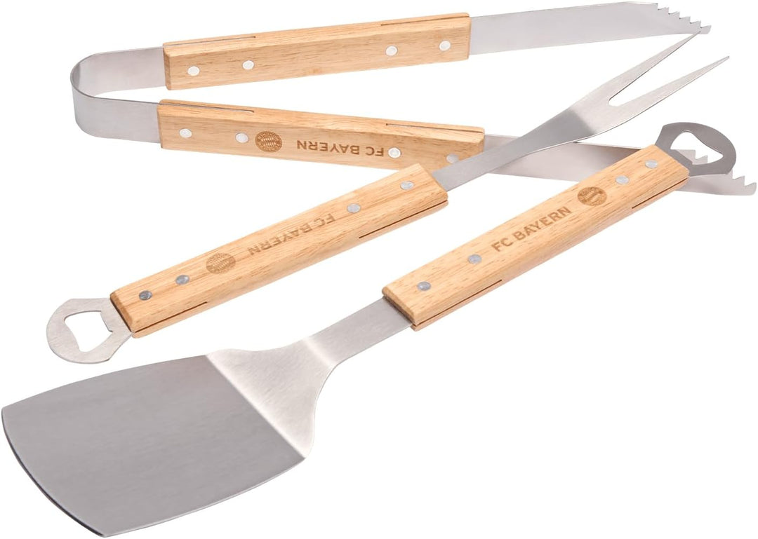 FC Bayern München Grillbesteck 3er-Set | Wender, Zange, Gabel | Holz