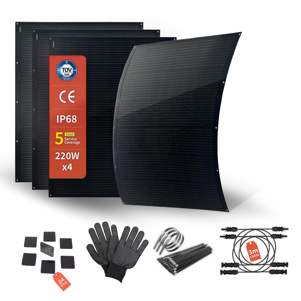 800W Dünnes Flexibles Solarpanel Set 4×220W Monokristalline Module 16.5V IP68 Wasserdicht Matte Schw