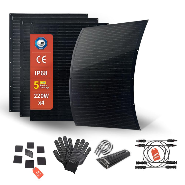 800W Dünnes Flexibles Solarpanel Set 4×220W Monokristalline Module 16.5V IP68 Wasserdicht Matte Schw