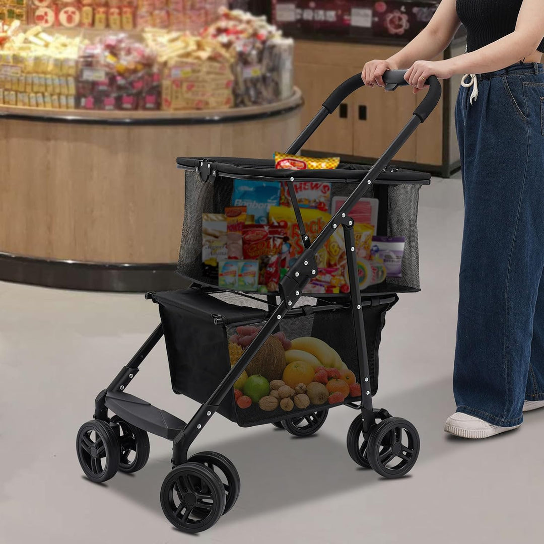 Bollerwagen Klappbarer Warenkorb 50kg Tragkraft 2 Ebenen,Abnehmbare Handtasche 4 Räder,Zusammenklapp