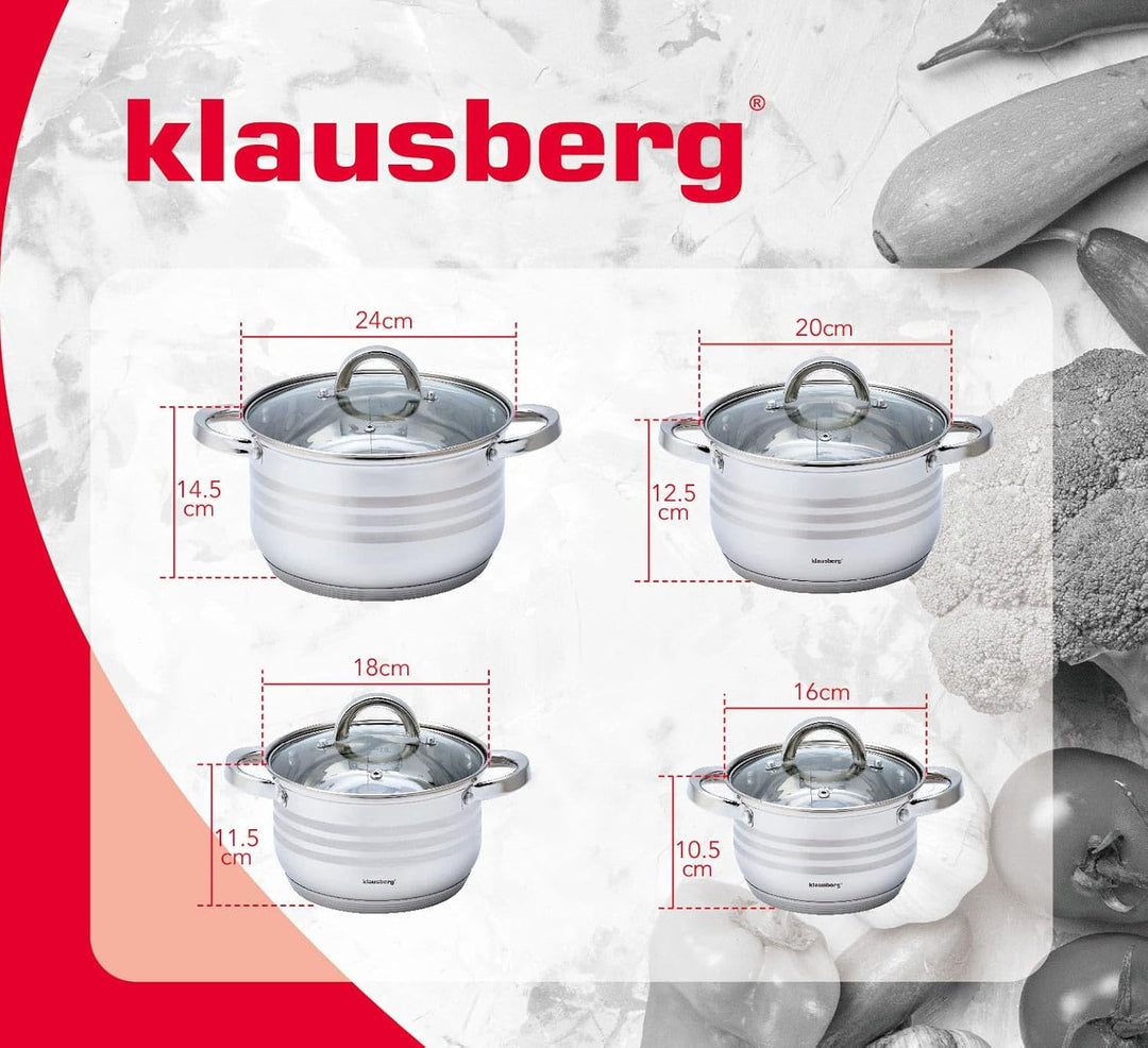 8-teilig Edelstahl Kochtopf Set Topfset mit Glasdeckel Topfe Induktion KLAUSBERG KB-7694