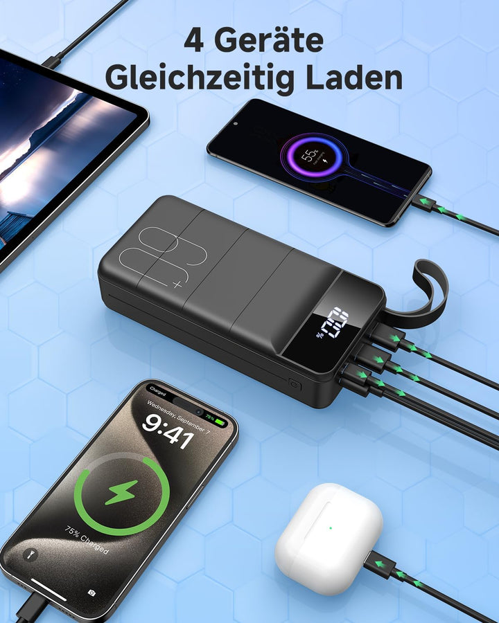 60000mAh Power Bank, 22,5W Powerbank USB-C Schnellladefunktion Externe Akku mit 4 Ausgänge und 2 Ein