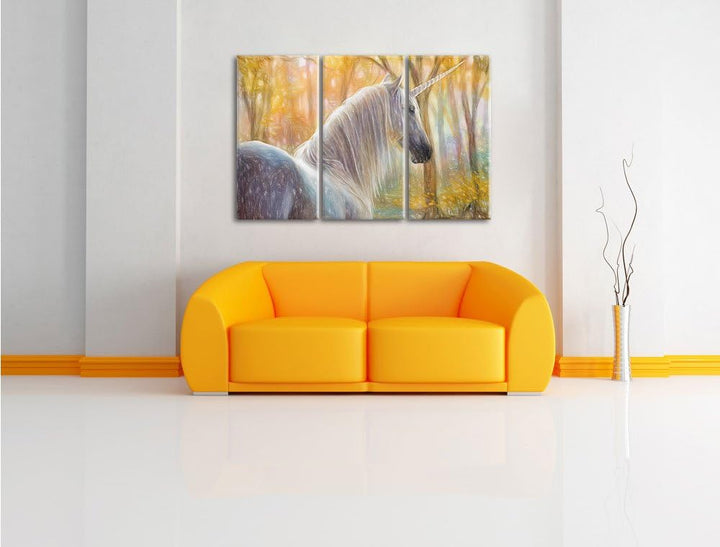 Pixxprint Einsames Einhorn im Wald als Leinwandbild/Grösse: 3 Teilig (120x80 cm) cm/Wandbild/Kunstdr