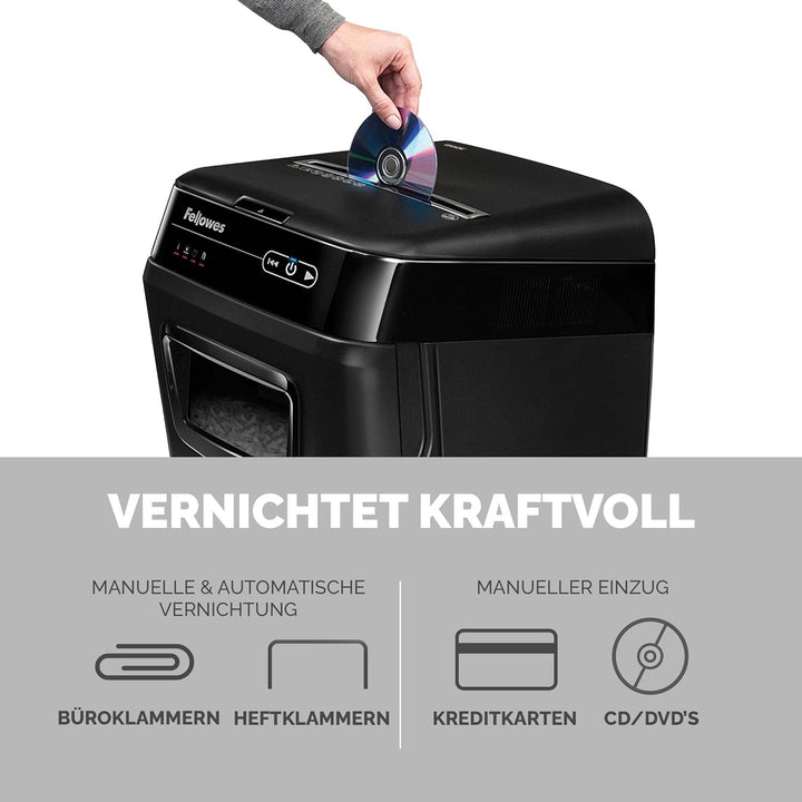 Fellowes Auto-Feed 150C Partikelschnitt Aktenvernichter (P-4), 150 Blatt, für 1-3 Nutzer im Büro ode