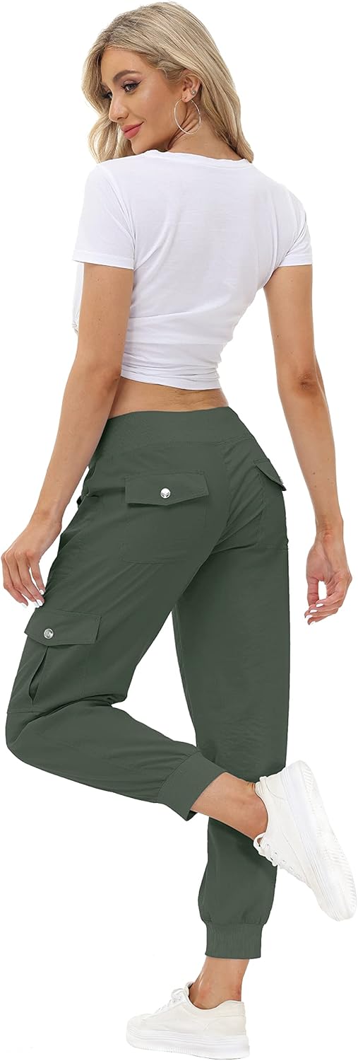 JINSHI Hosen Damen Cargohose Lange Capri Freizeithose Outdoor Jogginghose High Waist mit Kordelzug,