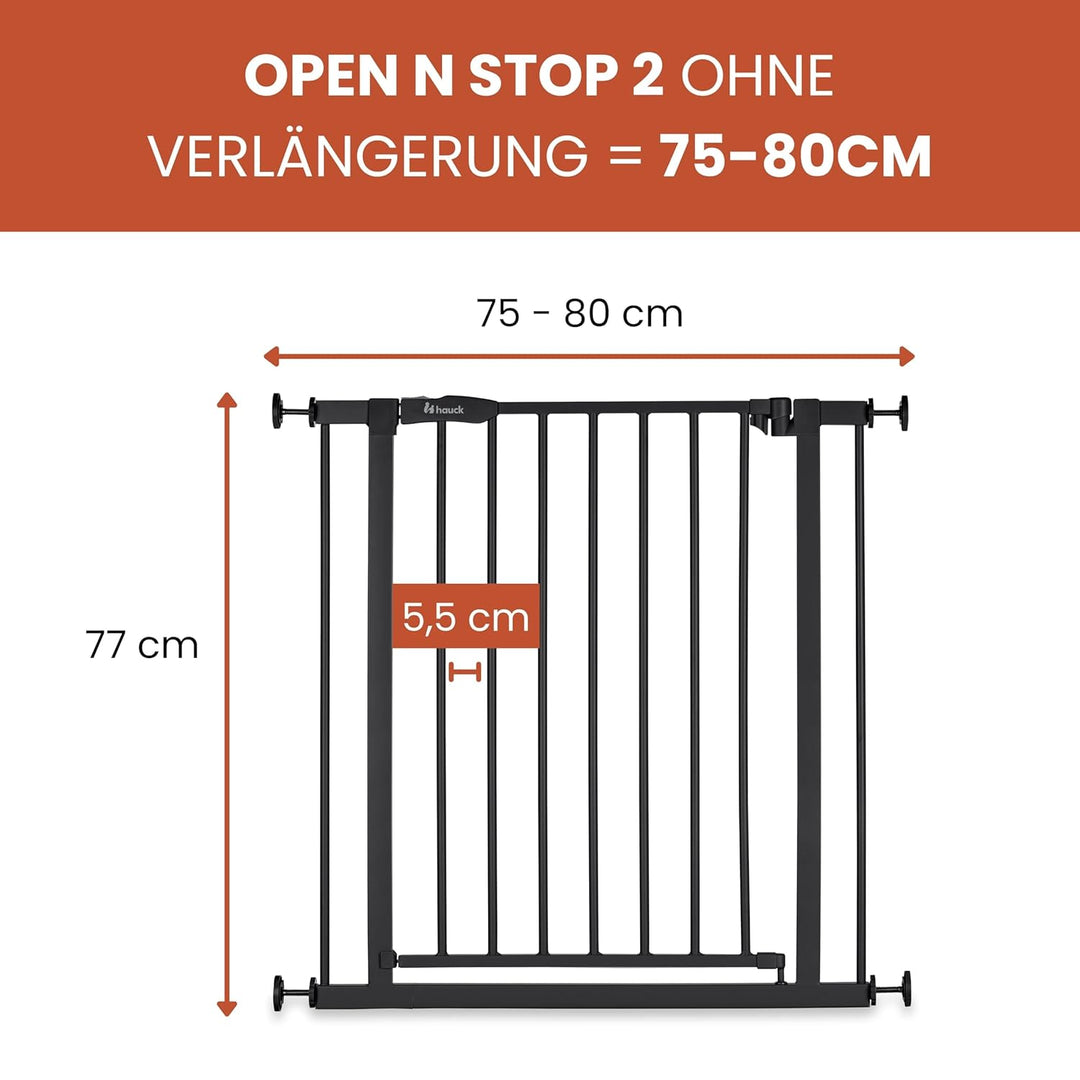 hauck Open N Stop 2, Schwarz - Kinderschutzgitter Hundegitter, Verstellbare Breite 75-80 cm, 77 cm H