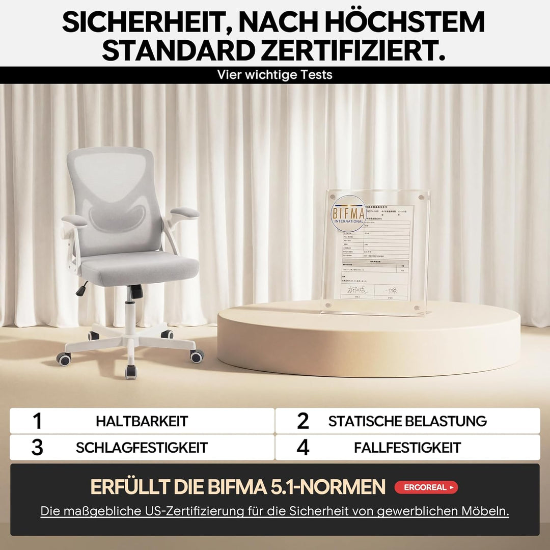 Ergonomischer Bürostuhl, 90-110° Verstellbare Rückenlehne, 90° Aufklappbare Armlehnen & Verstellbare