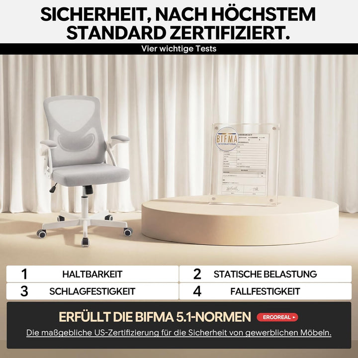 Ergonomischer Bürostuhl, 90-110° Verstellbare Rückenlehne, 90° Aufklappbare Armlehnen & Verstellbare