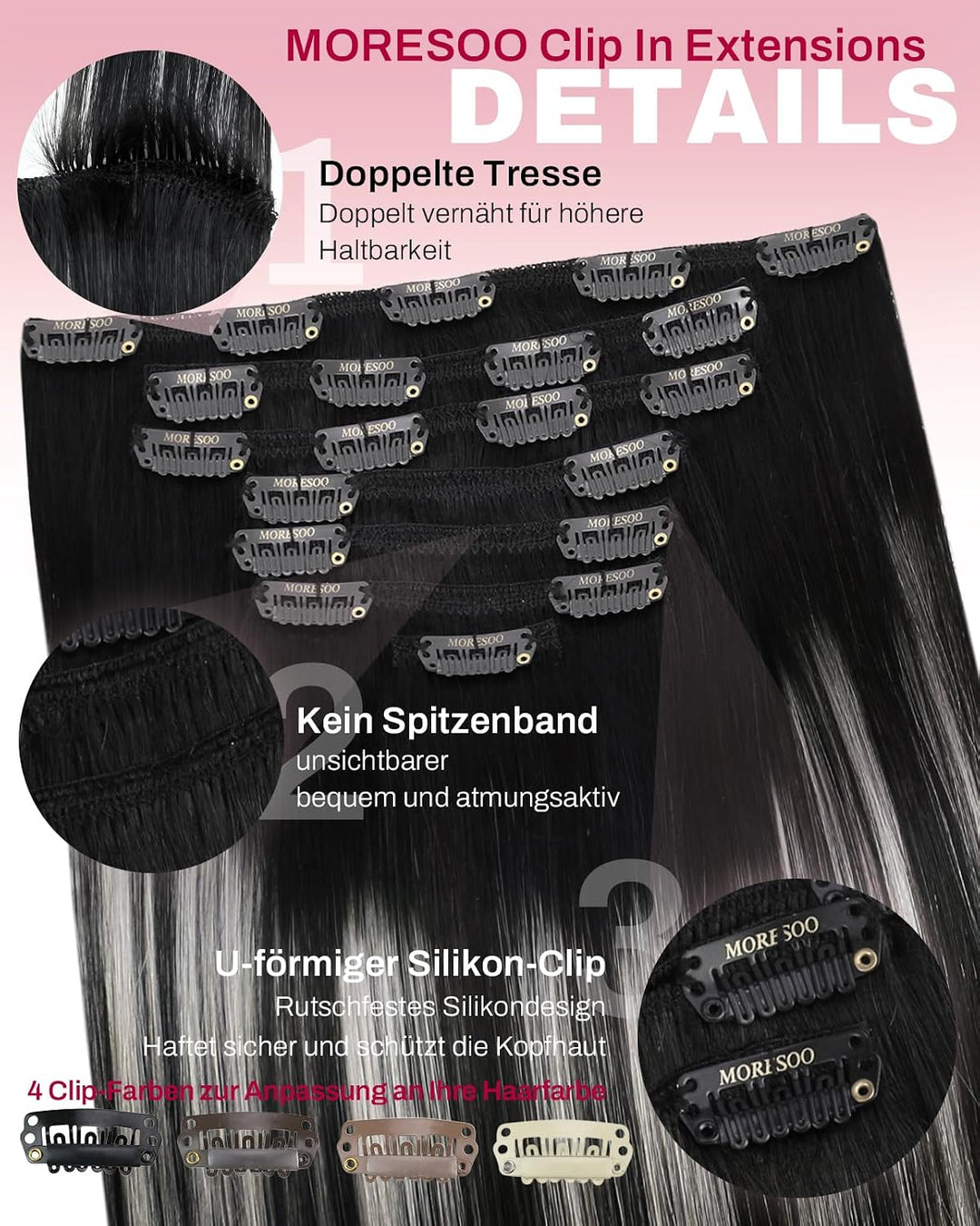 Moresoo Remy Echthaar Extensions Clip in Schwarz Silber Haarverlängerung Echthaar Clip in Extensions
