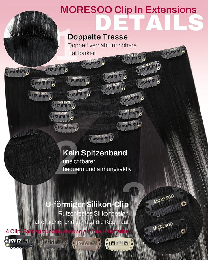 Moresoo Remy Echthaar Extensions Clip in Schwarz Silber Haarverlängerung Echthaar Clip in Extensions