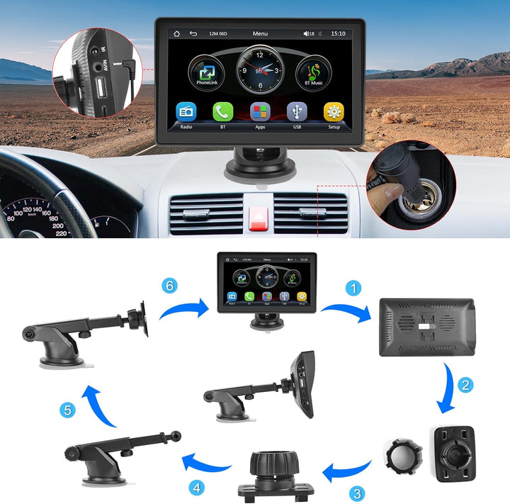 Display Kabelloses Apple Carplay & Wireless Android Auto, Bildschirm 7 Zoll HD Touchscreen Tragbarer