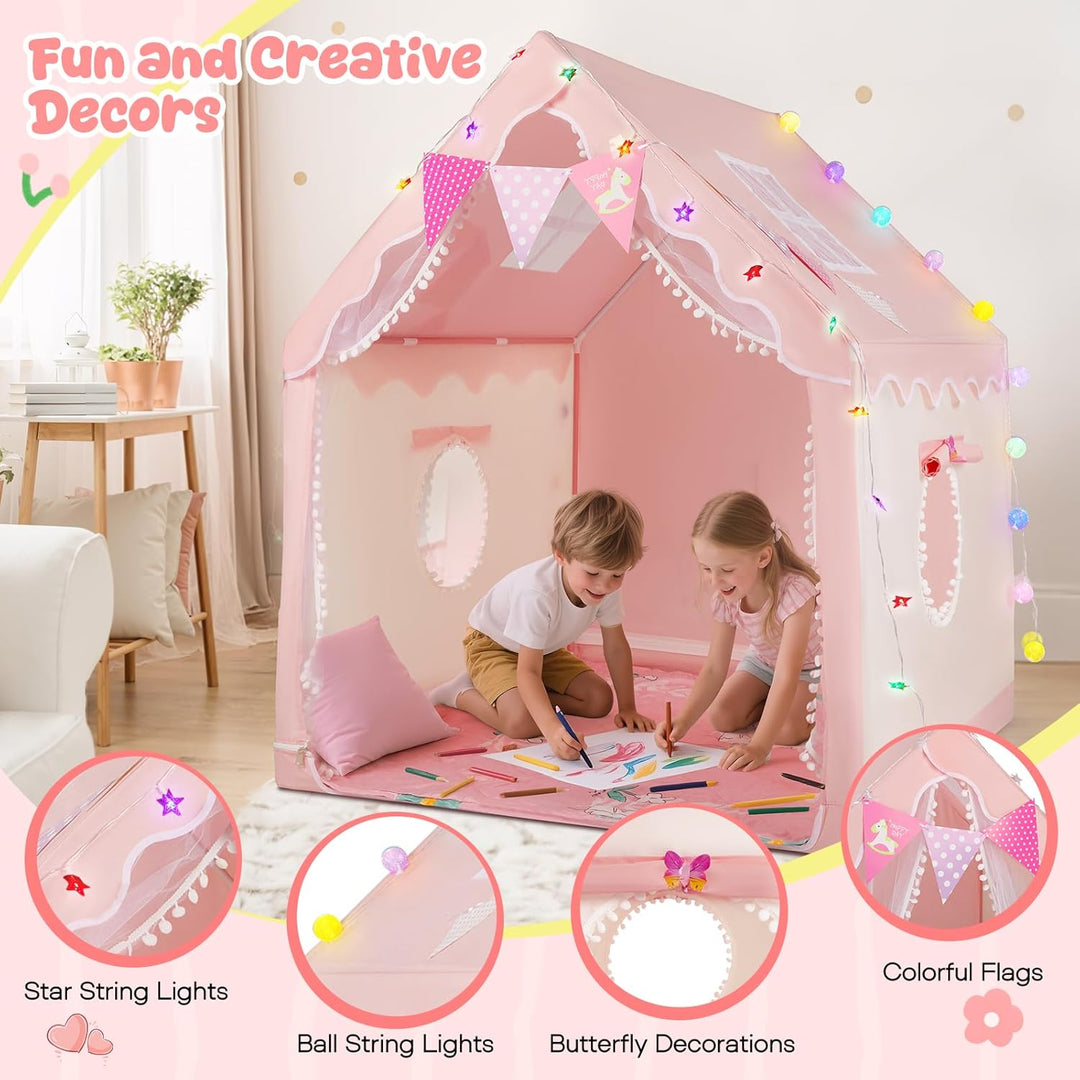 Kinder Spielzelt Hausform, mit LED Lichter & Matte, innen & aussen | Grosser Innenraum, reichhaltige