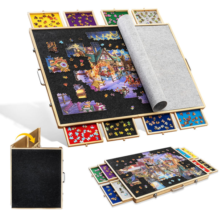 Tektalk faltbares Puzzlebrett für bis zu 2000 Puzzleteile, mit 8 Sortierschalen/Schubladen, Puzzleti