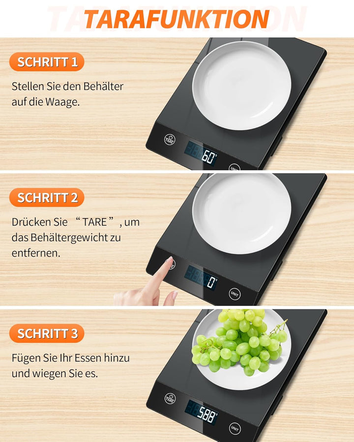Küchenwaage Digitale mit LCD-Display und Tara-Funktion, Präzise 1g Messung zum Backen und Kochen, Gl