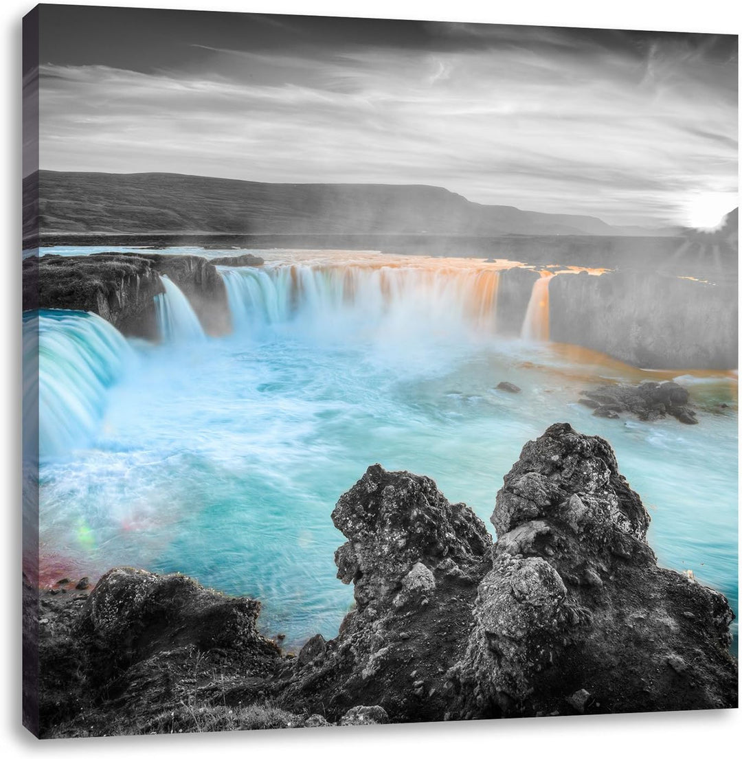 Pixxprint Goðafoss bei Sonnenuntergang als Leinwandbild/Grösse: 70x70 cm/Wandbild/Kunstdruck/fertig